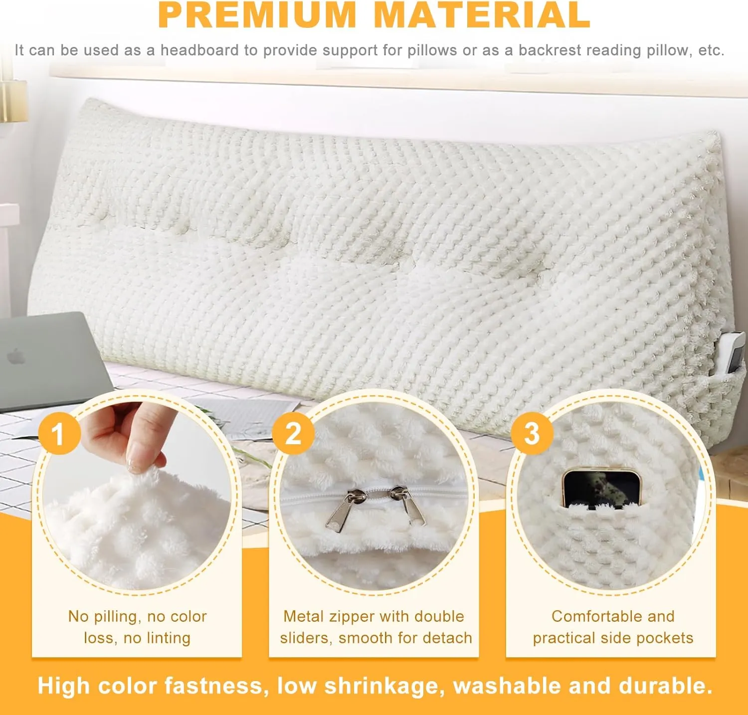 Large Triangular Headboard Wedge Pillow Soft and Supportive Headboard Backrest Positioning Support Bolster Cushion, Bed Wedge Pillow with Removable Cover(White,Queen,59x8x20inch)