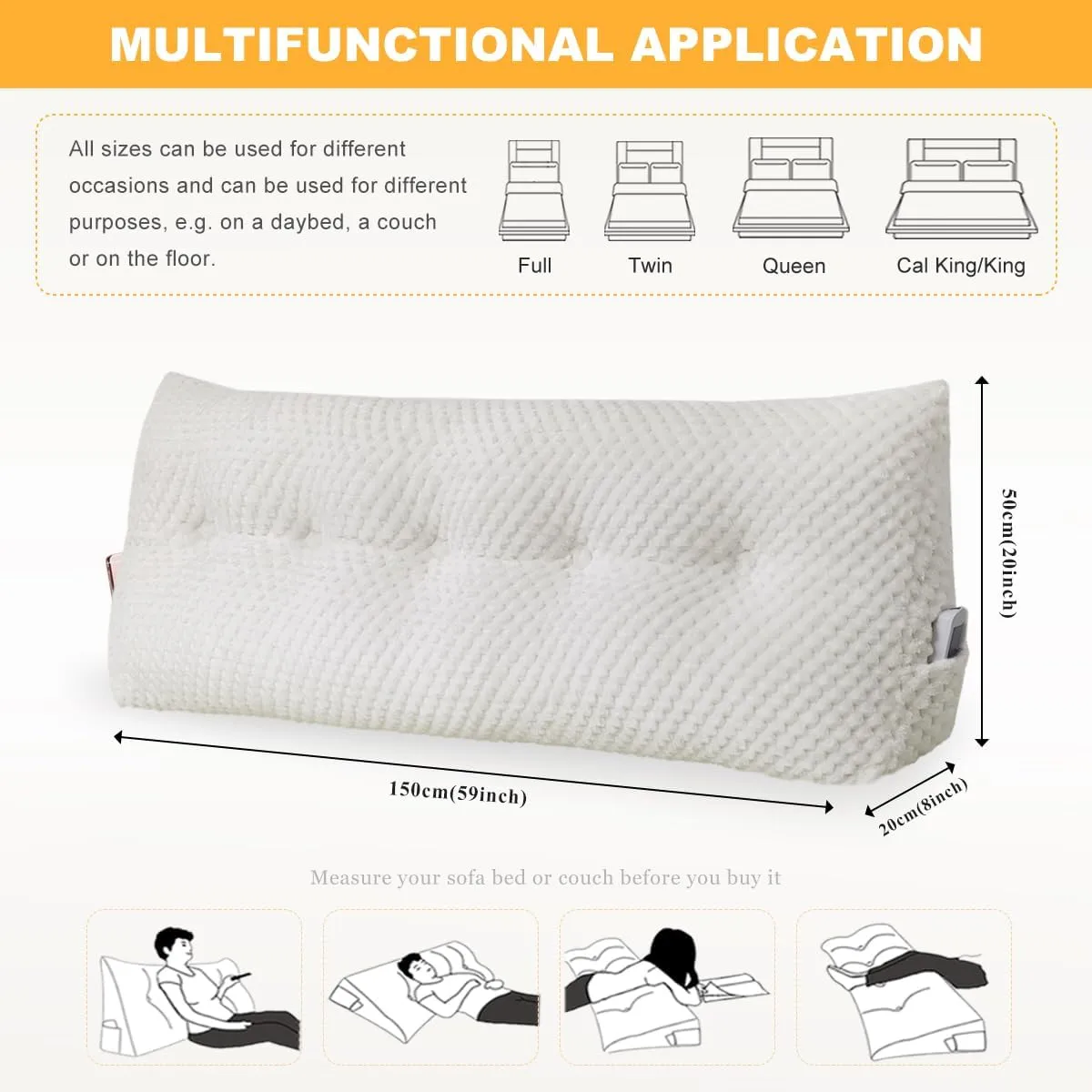Large Triangular Headboard Wedge Pillow Soft and Supportive Headboard Backrest Positioning Support Bolster Cushion, Bed Wedge Pillow with Removable Cover(White,Queen,59x8x20inch)