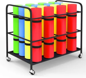 Large Yoga Mat Storage Rack Cart with Wheels, Metal Yoga Mat Holder Basket Home Gym Foam Rollers Organizer for Home Gym Yoga Studio 20 Exercise Mats