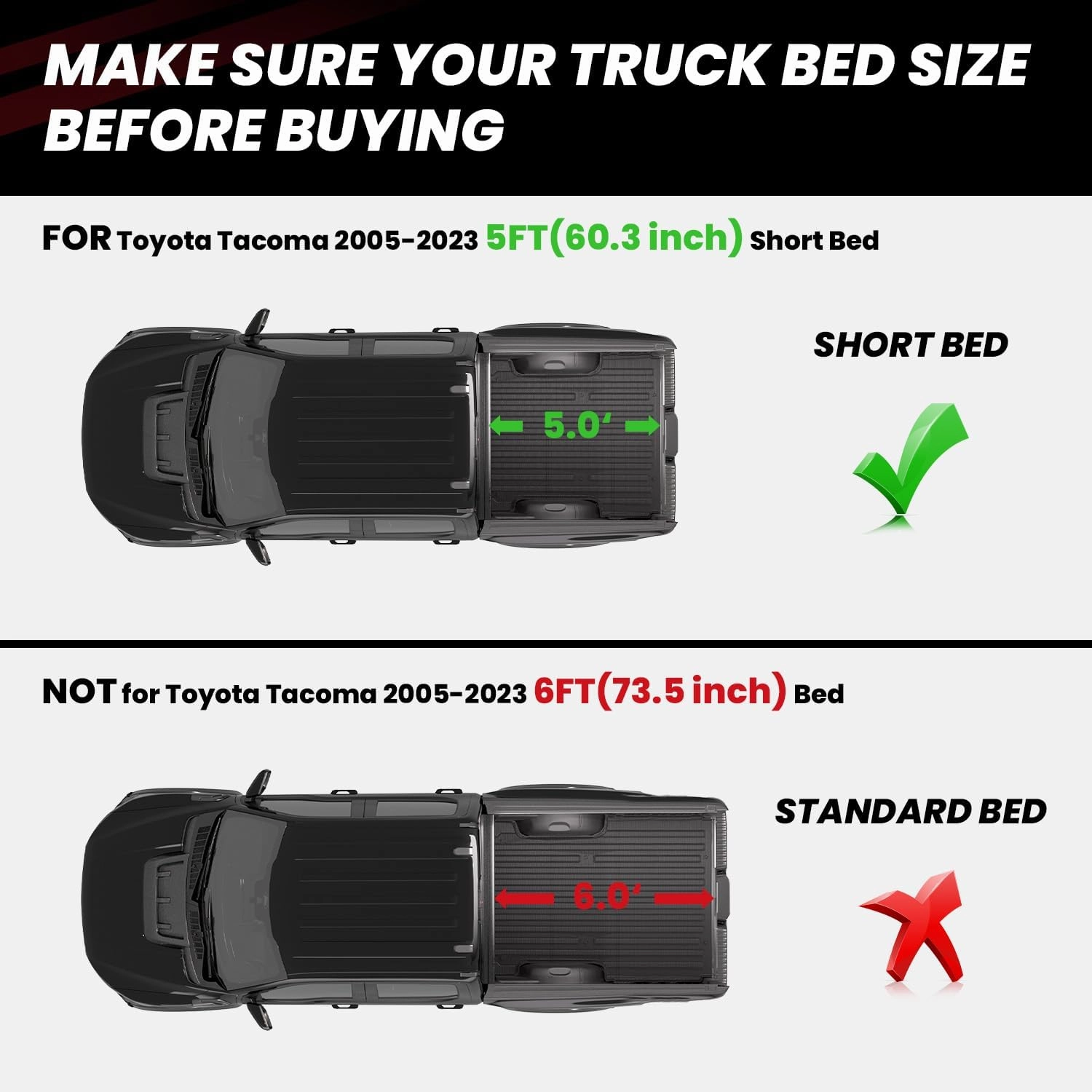 LASFIT Bed Mat for Toyota Tacoma 2024 2025 Truck Bed (5ft,5'Bed), All Weather 5 ft Rubber Car Bed Liner for Toyota Tacoma Accessories, TPE Trunk Mat&Cargo Liner, Black