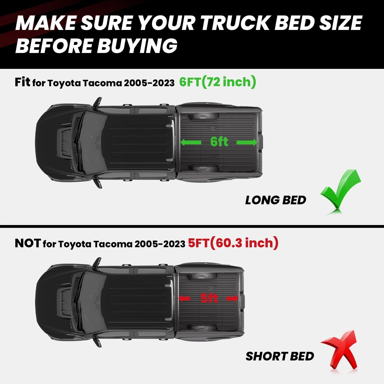 LASFIT Bed Mat for Toyota Tacoma (6FT,73.5''Bed) 2023 2022 2021 2020 2019-2005 Truck Bed 6 ft, All Weather TPE Car Bed Liner for Toyota Tacoma Accessories Truck Mat &Cargo Liner, Black