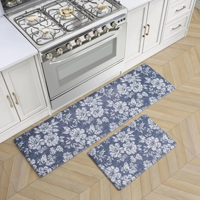 Laura Ashley - Anti-Fatigue Kitchen Mat, Iris Floral Design, Stain, Water & Fade Resistant, Cooking & Standing Relief, Non-Slip Backing, 2 Piece Set: 17.5" x 60" / 17.5" x 28" Navy Iris
