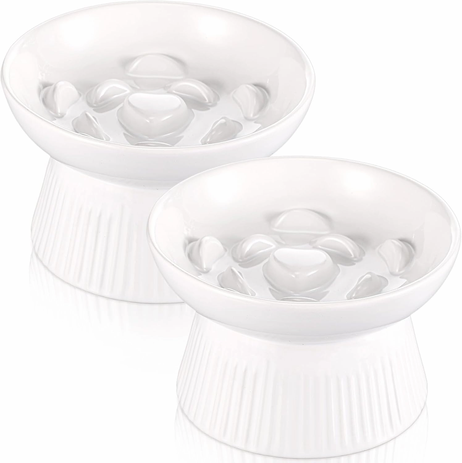 Layhit 2 Pack Raised Slow Feeder Cat Bowls Ceramic Elevated Cat Food Bowls Anti Vomiting Slow Feeder for Dog and Kitten for Dry and Wet Food(White)