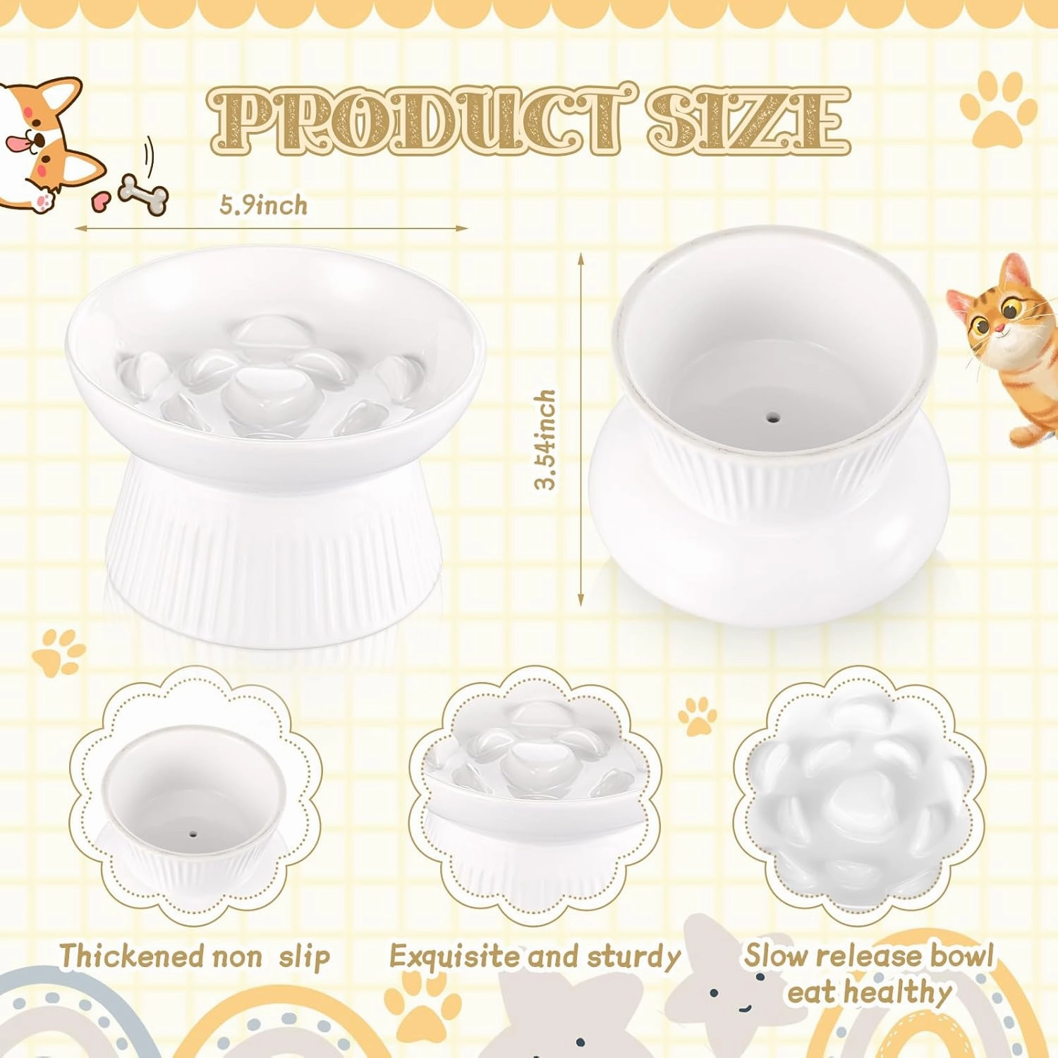 Layhit 2 Pack Raised Slow Feeder Cat Bowls Ceramic Elevated Cat Food Bowls Anti Vomiting Slow Feeder for Dog and Kitten for Dry and Wet Food(White)