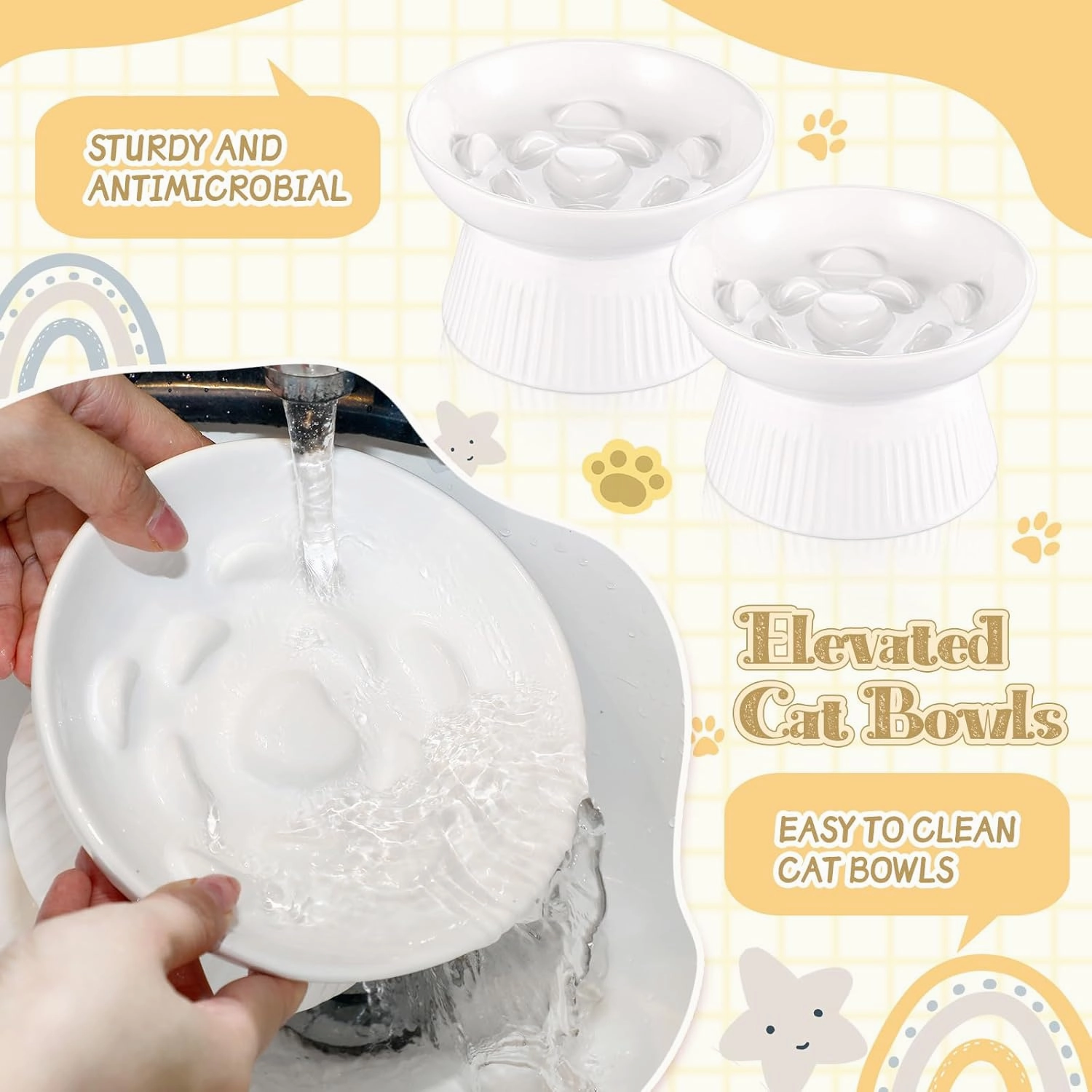 Layhit 2 Pack Raised Slow Feeder Cat Bowls Ceramic Elevated Cat Food Bowls Anti Vomiting Slow Feeder for Dog and Kitten for Dry and Wet Food(White)