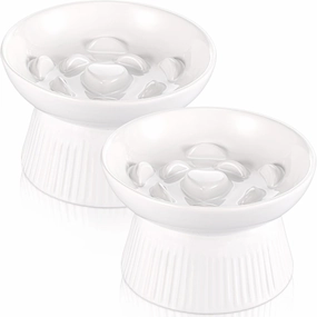 Layhit 2 Pack Raised Slow Feeder Cat Bowls Ceramic Elevated Cat Food Bowls Anti Vomiting Slow Feeder for Dog and Kitten for Dry and Wet Food(White)