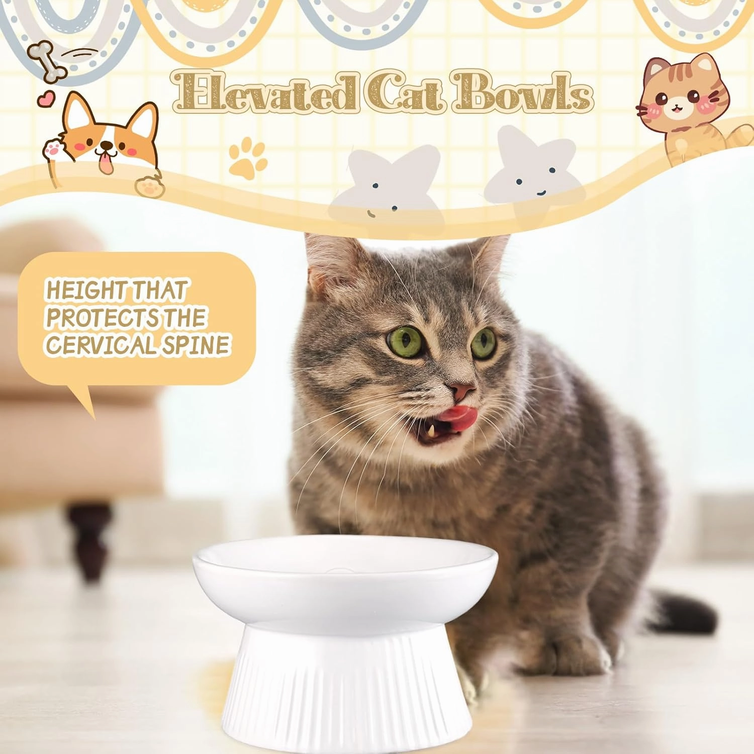 Layhit 2 Pack Raised Slow Feeder Cat Bowls Ceramic Elevated Cat Food Bowls Anti Vomiting Slow Feeder for Dog and Kitten for Dry and Wet Food(White)