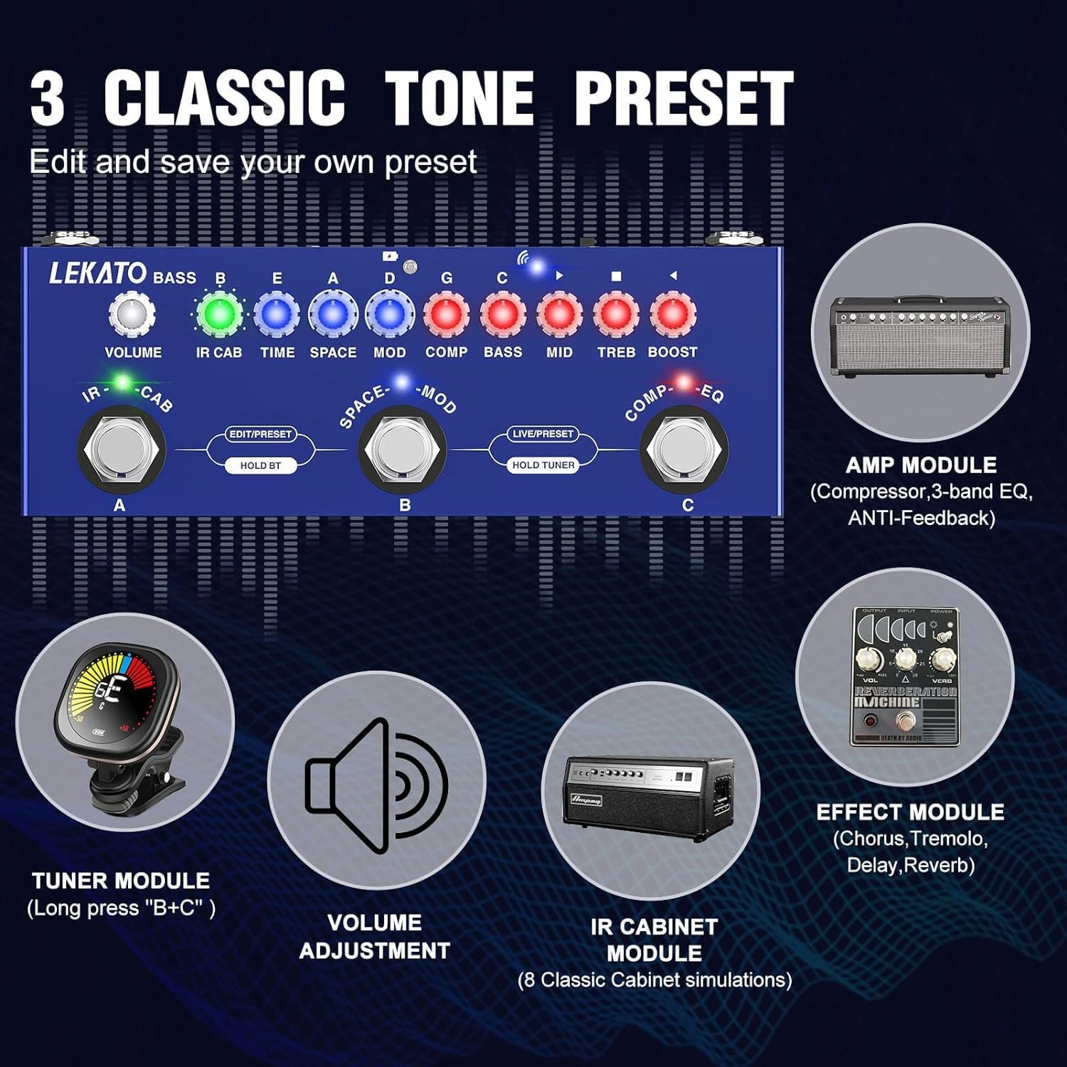 LEKATO Bass Multi Effects Pedal, Guiter Peda with IR Loading 9 AMP Models, Delay Reverb Chorus Distortion Overdrive, Multi Effects Processor for Bass, Bluetooth 5.0,Recording, Built-in Battery