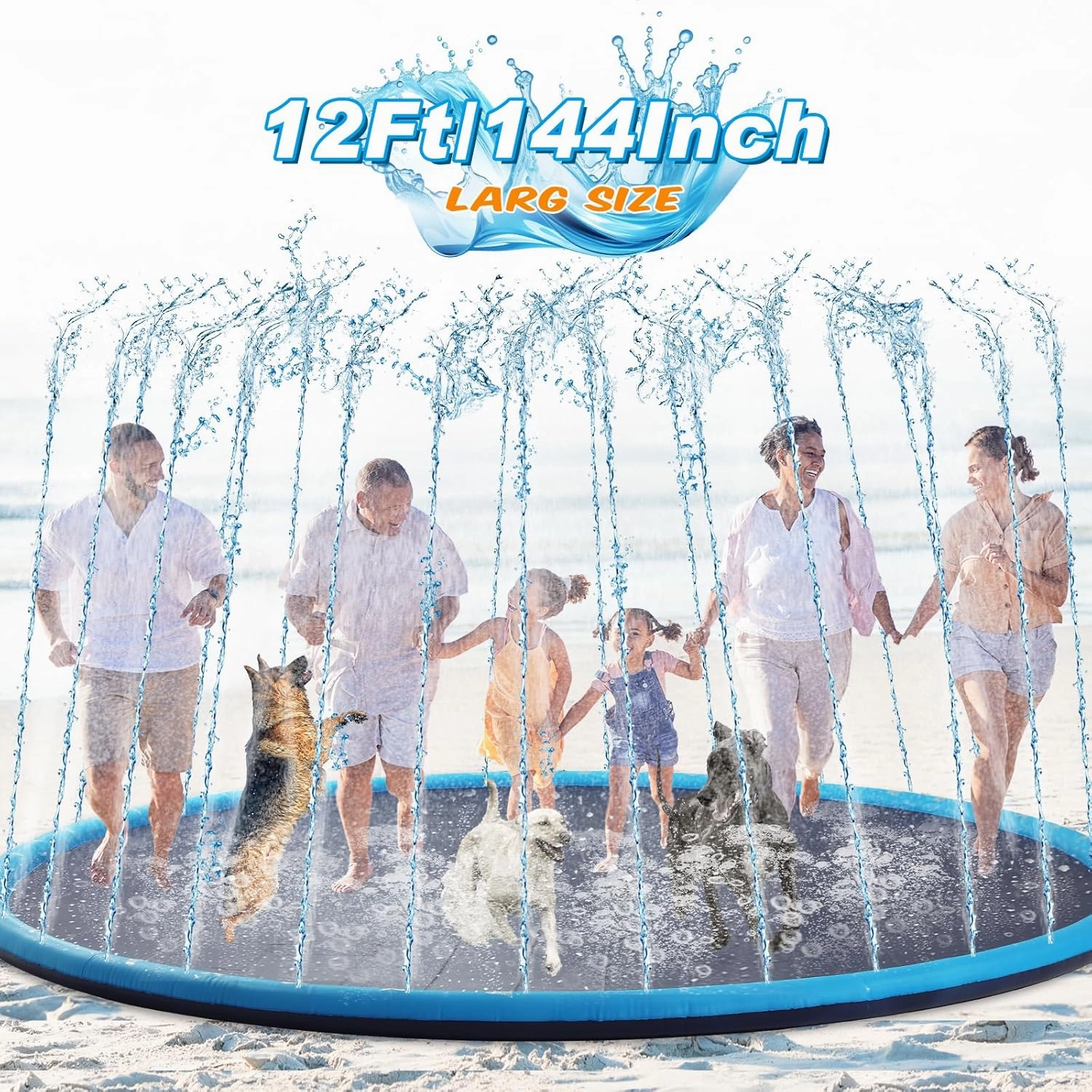 Lewtemi 12 ft Extra Large Non Slip Splash Pad 144" for Adult Kids and Dog Giant Thicken Sprinkler Pool Summer Outdoor Toys Fun Backyard Fountain Play Mat for Family Pet Dog(Classic Style)