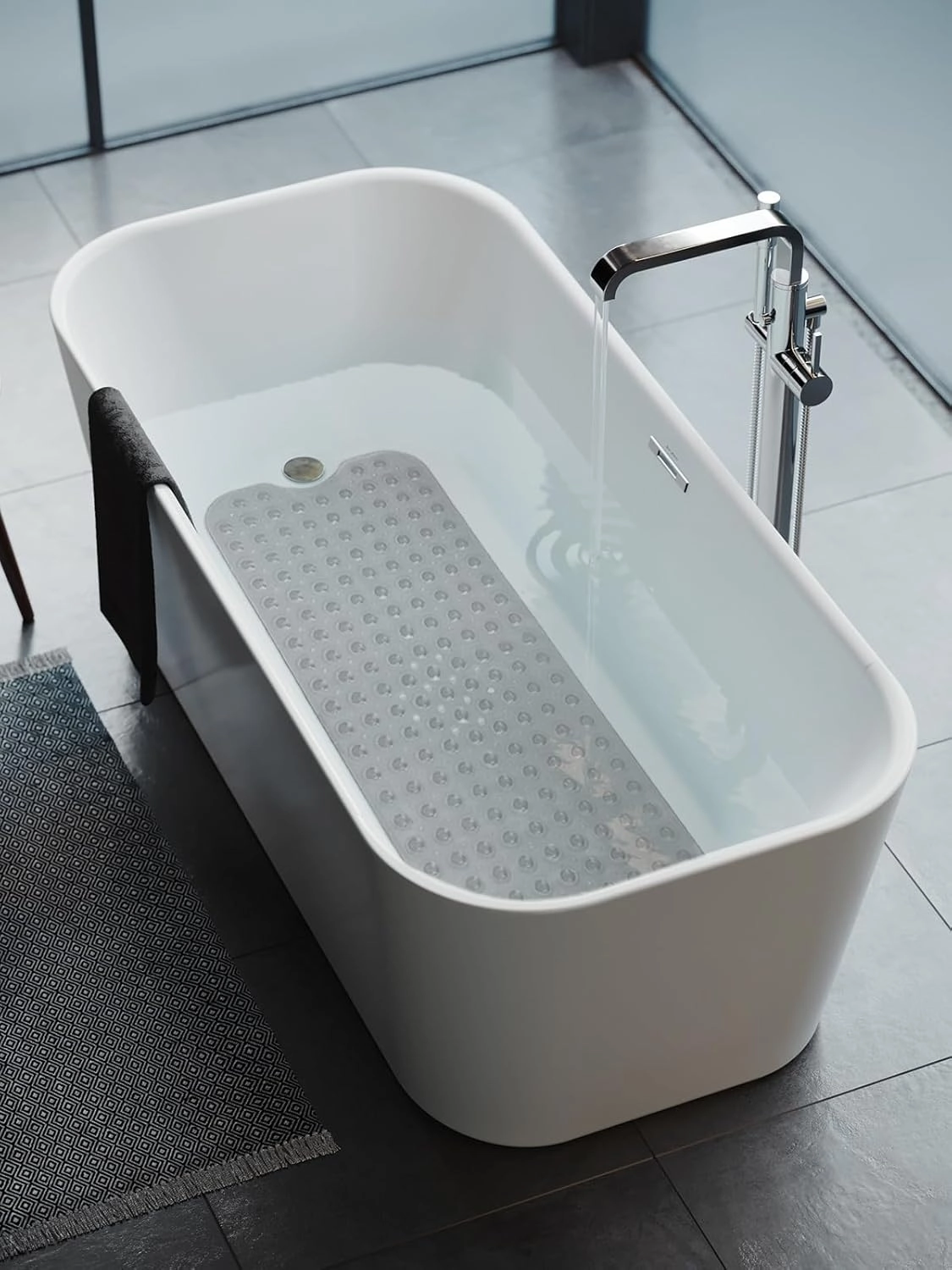 Linoows Bathtub and Shower Mats, Extra Long Non-Slip Bath Tub Mat 39 x 16 Inch, Machine Washable Bathmat with Suction Cups & Drain Holes for Bathroom Floor, Clear Grey