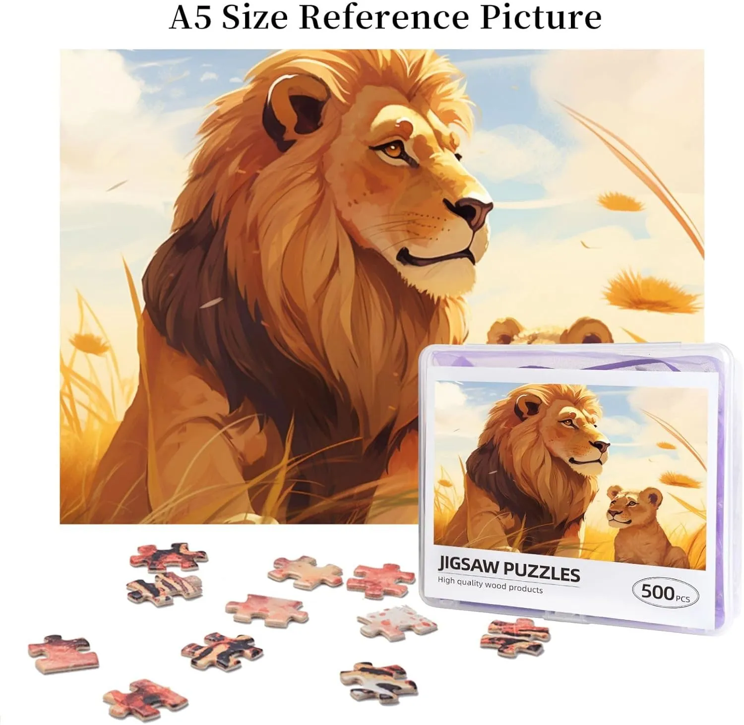 Lion Grassland Jigsaw Puzzle 500 Piece for Adults & Kids, Wall Hanging Puzzles Intellectual Decompressing Fun Family Game Large Puzzle Game Toys Gifts