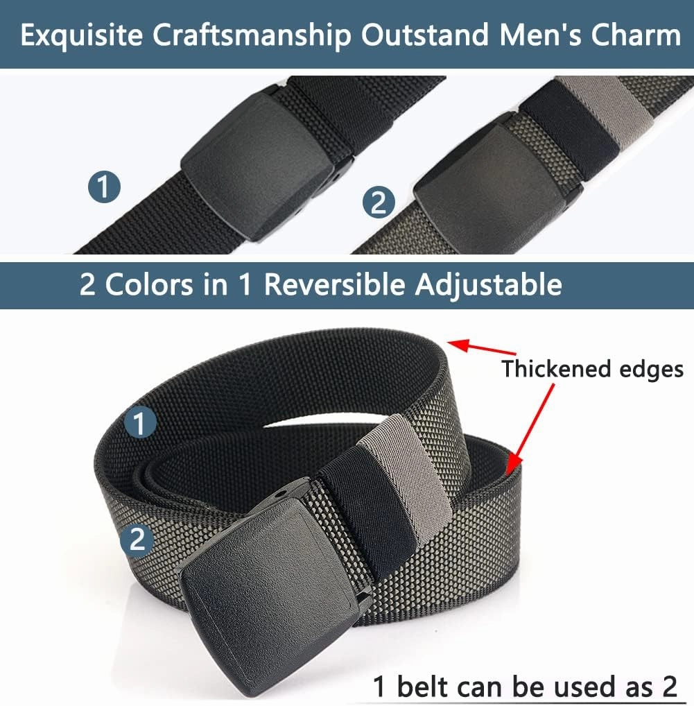 LionVII Mens Casual Belts Web - 2 Colors in 1 Reversible with YKK Plastic Buckle - Adjustable Trim to Fit 27-49" Waist