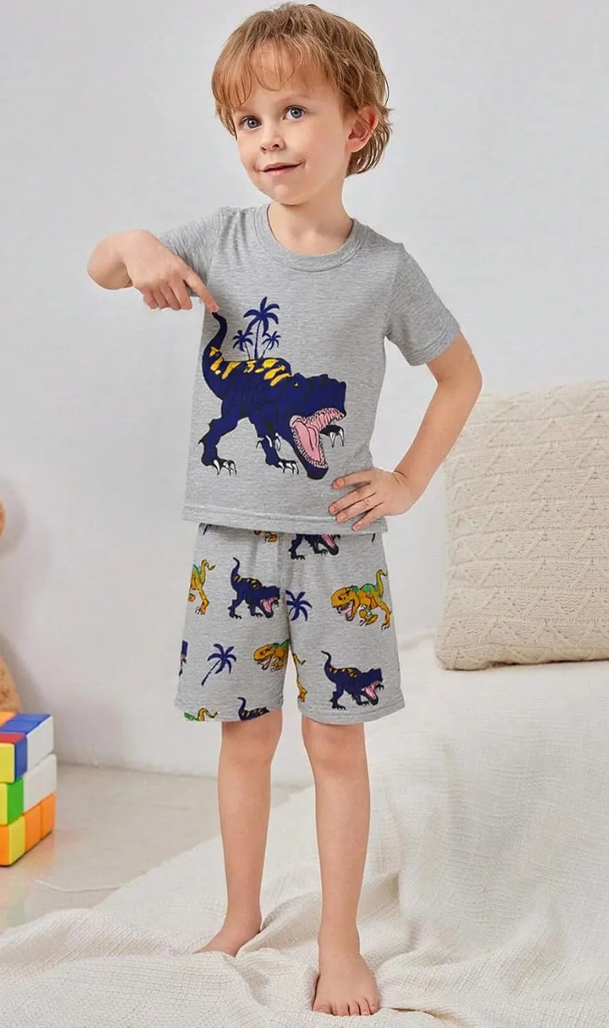 Little Boys Short Set Pajamas for Boys 100% Cotton Toddler Train Dinosaur Sleepwear Summer Clothes Size 2-7T