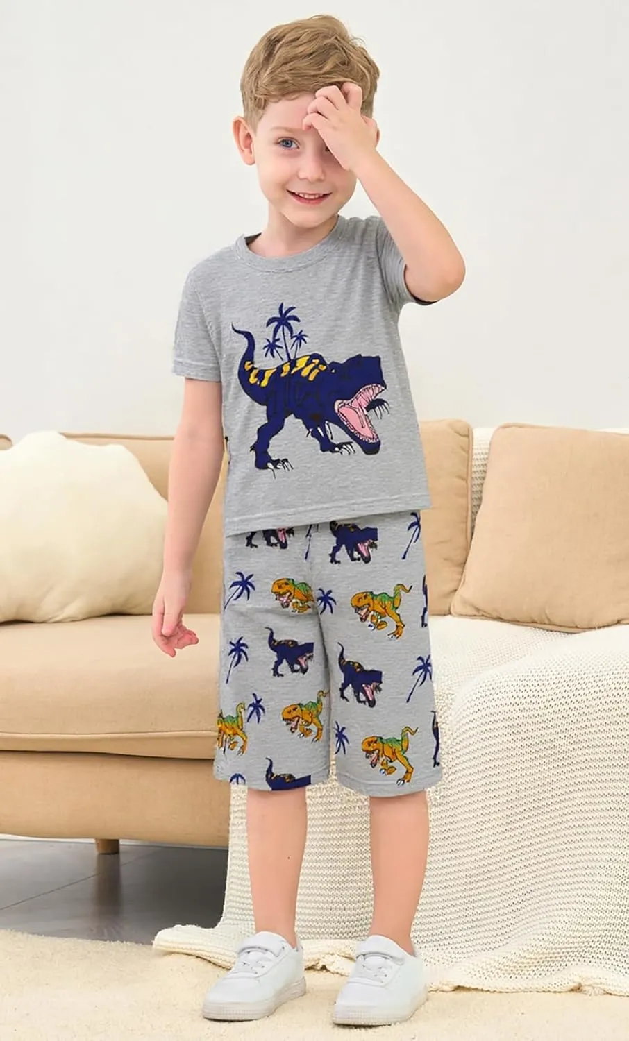 Little Boys Short Set Pajamas for Boys 100% Cotton Toddler Train Dinosaur Sleepwear Summer Clothes Size 2-7T