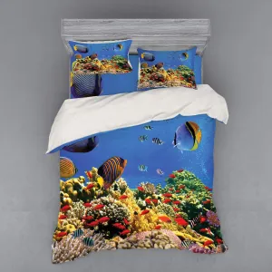 Lunarable Ocean Duvet Cover Set, Submerged Colorful Coral Colony on Reef Exotic Fishes Tranquil Shallow Sea Picture, 4 Piece Bedding Set with Shams and Fitted Sheet, California King, Multicolor