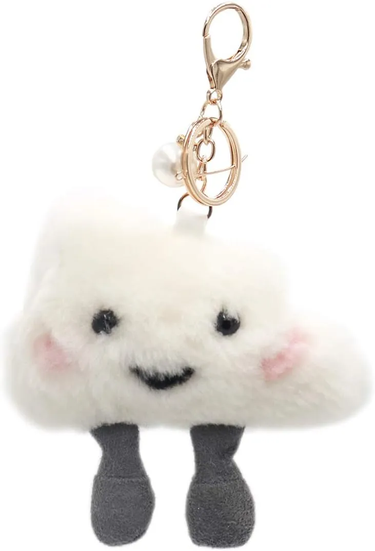 Luxury Real Shearling Cute Happy Cloud Keychain with Blushing Cheeks and Pearl Detail- Bag Purse Charm - Outdoors Fluffy Fur Ball - Sky Fashion Gift (White)