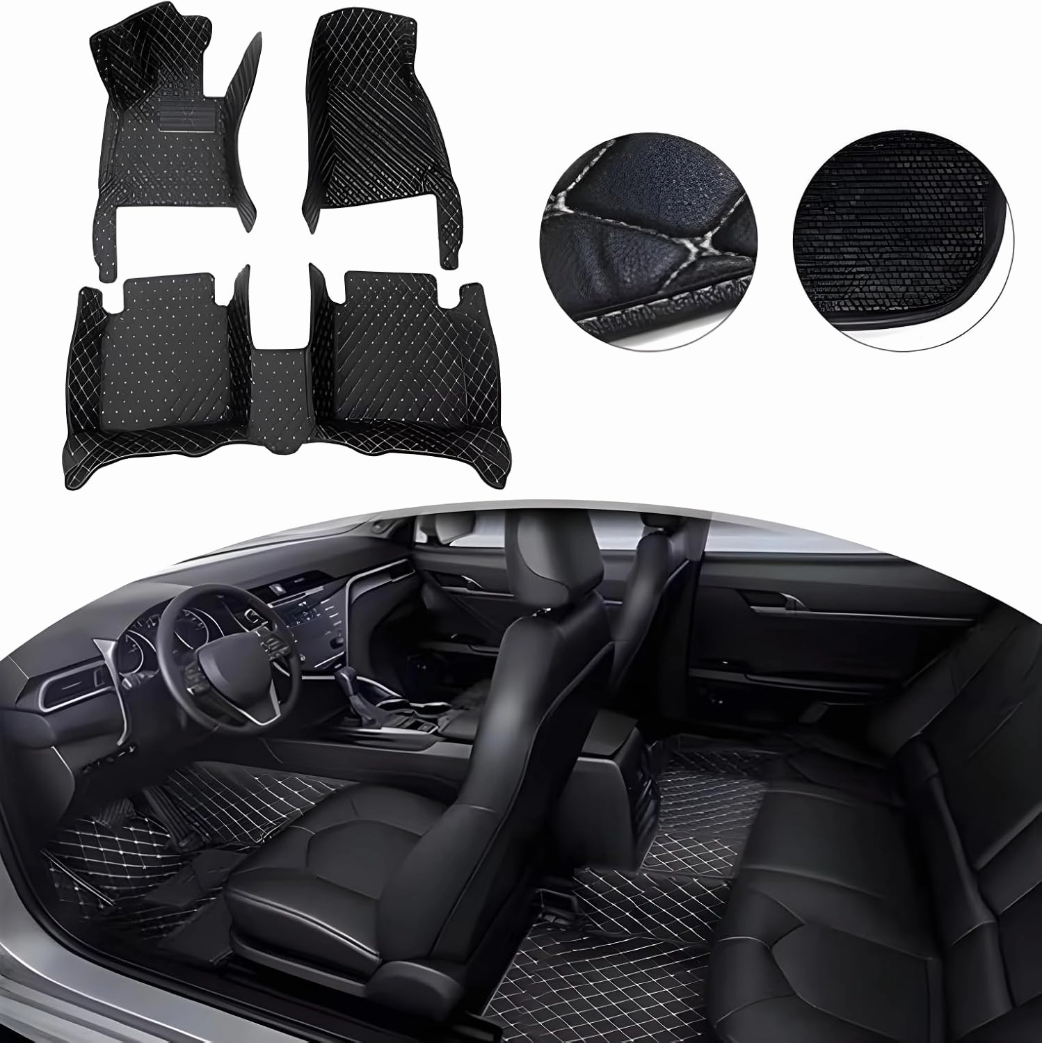 Luxury Leather Car Floor Mats for 2015-2016 Hyundai Genesis- All-Weather, Easy to Clean, Premium Interior Protection (Beige Black Combination)