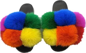 LVCOMEFF Women Real Fox Fur Sandals Fur Pom Poms Slides Slippers Summer Fluffy Outdoor Ball Plus Size