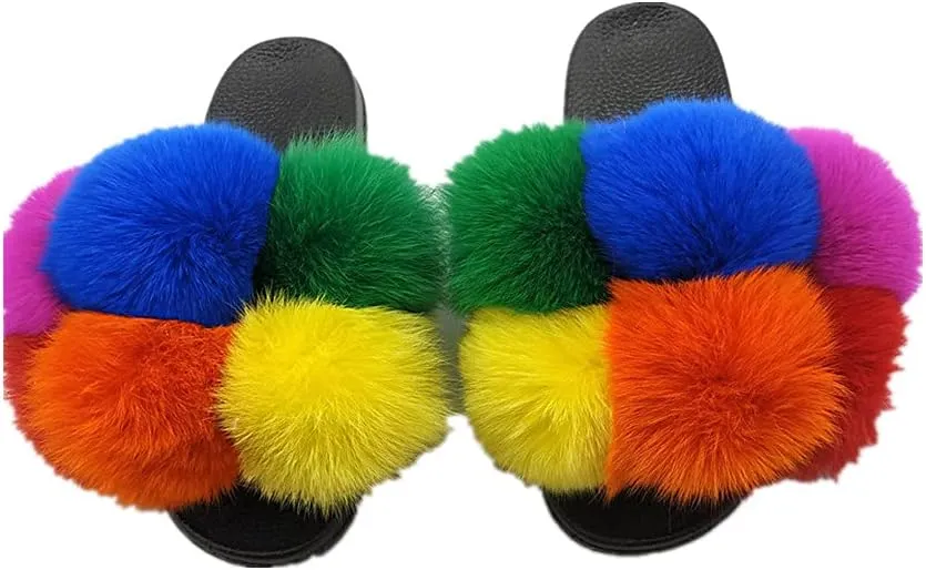 LVCOMEFF Women Real Fox Fur Sandals Fur Pom Poms Slides Slippers Summer Fluffy Outdoor Ball Plus Size