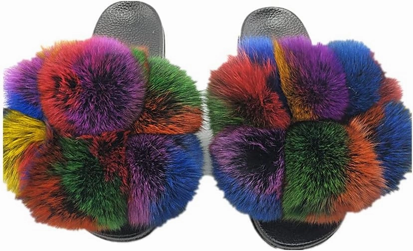 LVCOMEFF Women Real Fox Fur Sandals Fur Pom Poms Slides Slippers Summer Fluffy Outdoor Ball Plus Size