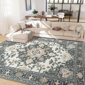 Machine Washable 9x12 Area Rugs for Living Room Vintage Rugs Carpet Rugs Non Slip Low Pile Water Repellent Soft Print Pattern for Bedroom Indoor Decor Polyester Rug Blackgreen