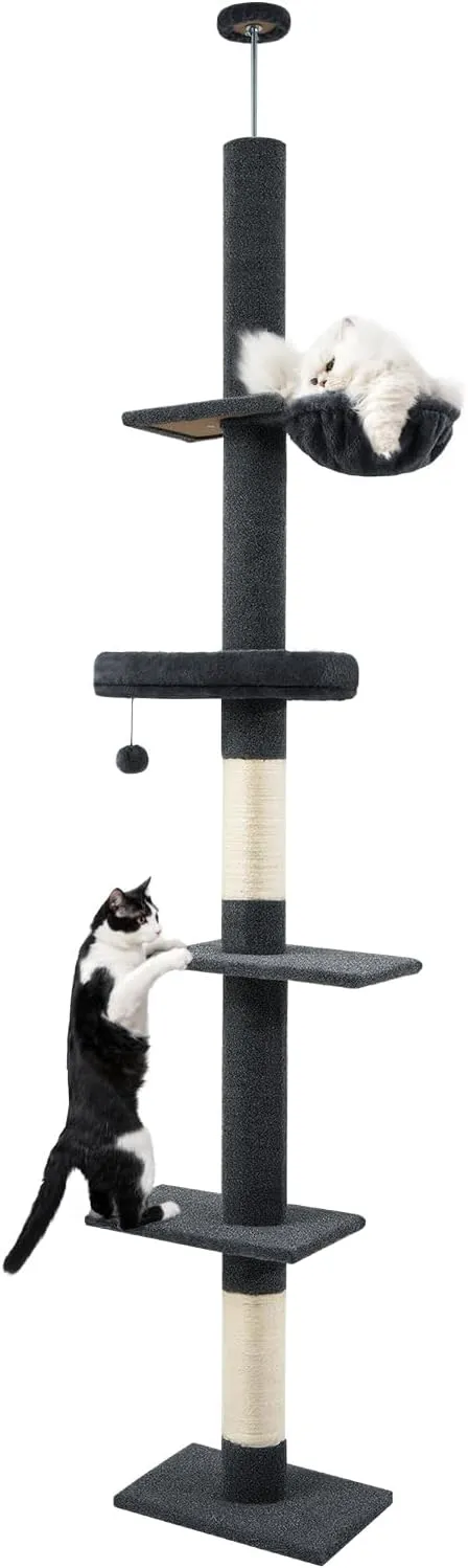 Made4Pets Floor to Ceiling Cat Tree,5 Tiers Cat Tower,Adjustable Heihgt 96-108'', Tall Cat Climbing Tower with Scratching Posts,Cozy Hammock,Fluffy Perchs for Indoor Cats, Dark Grey