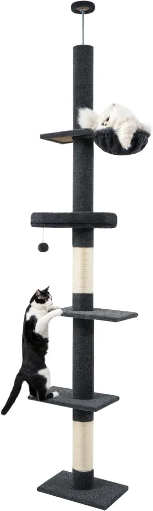 Made4Pets Floor to Ceiling Cat Tree,5 Tiers Cat Tower,Adjustable Heihgt 96-108'', Tall Cat Climbing Tower with Scratching Posts,Cozy Hammock,Fluffy Perchs for Indoor Cats, Dark Grey