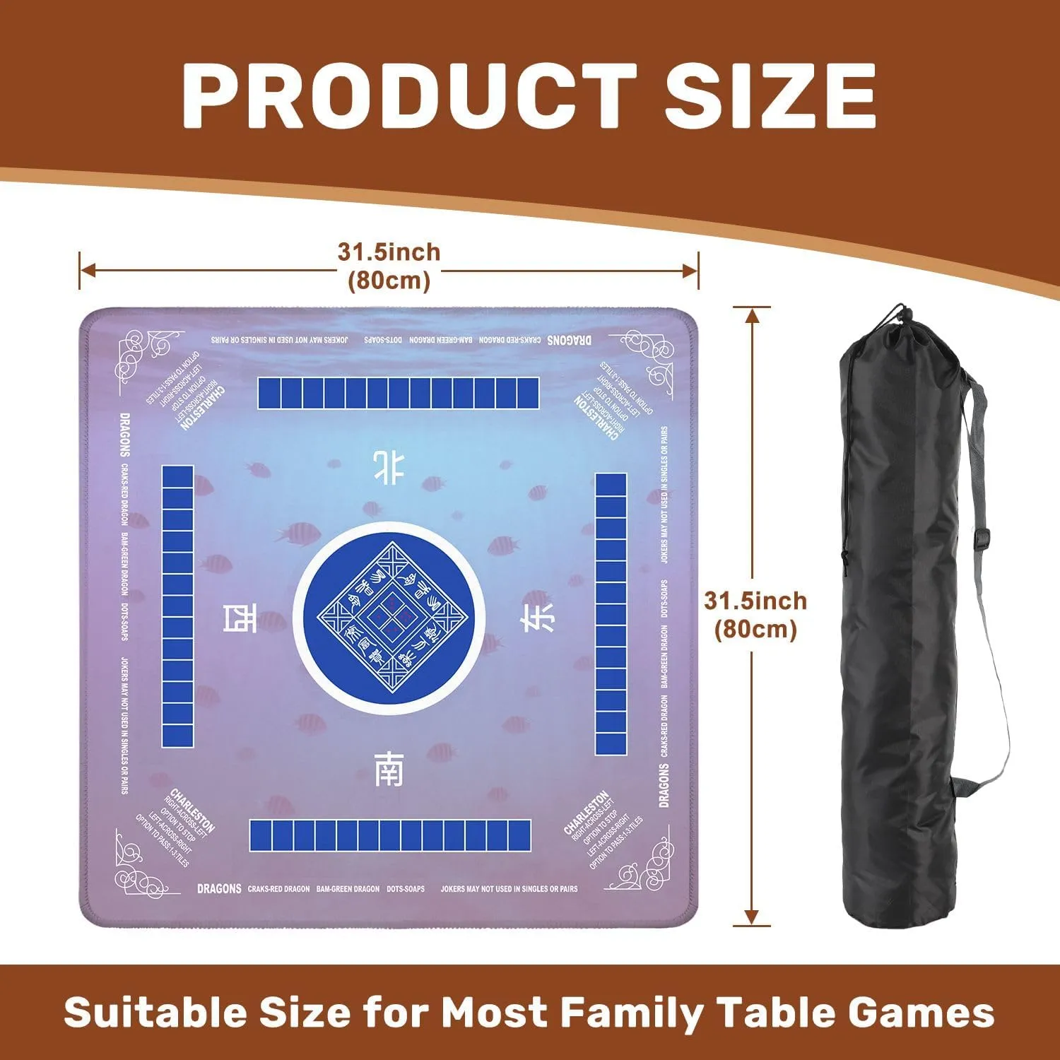 Mahjong Mat with Rules 31.5" x 31.5" Blue sea Tropical Fishes sea Underwater deep sea Non-Slip Noise Reduction Table Cover for Mahjong Dominoes Poker Card Board and Tile Games