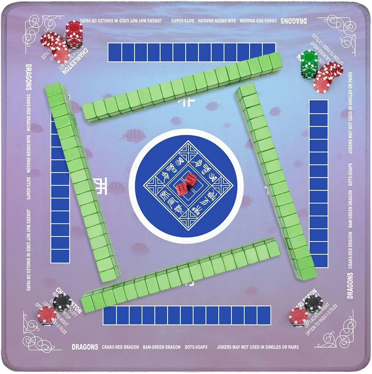 Mahjong Mat with Rules 31.5" x 31.5" Blue sea Tropical Fishes sea Underwater deep sea Non-Slip Noise Reduction Table Cover for Mahjong Dominoes Poker Card Board and Tile Games