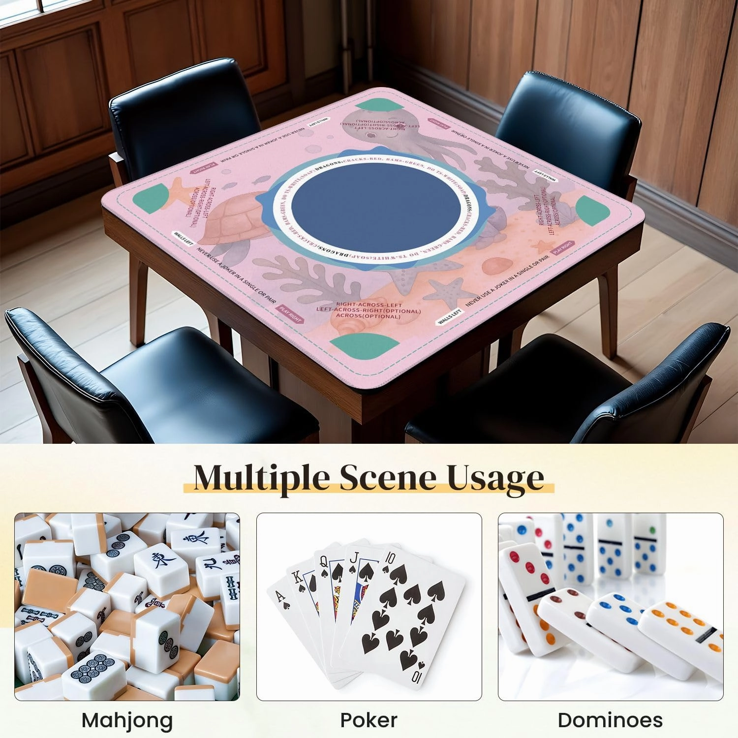 Mahjong Mat for Table Animals Octopus Fish sea Turtle Starfish Coral Shell Ocean Underwater 31.5" x 31.5" Non-Slip Noise-Reducing Game Mat Premium Mahjong Accessories for Poker Dominoes Board Games