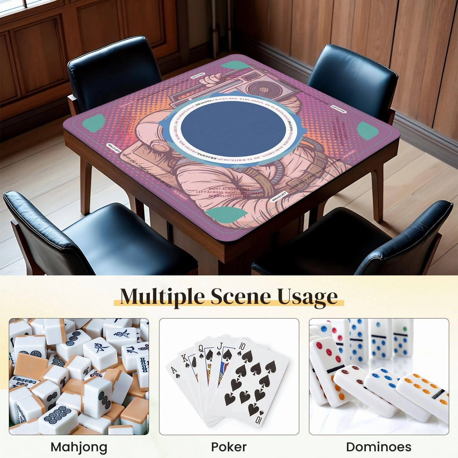 Mahjong Mat for Table Astronaut Boombox Audio Music Art Retro 31.5" x 31.5" Non-Slip Noise-Reducing Game Mat Premium Mahjong Accessories for Poker Dominoes Board Games