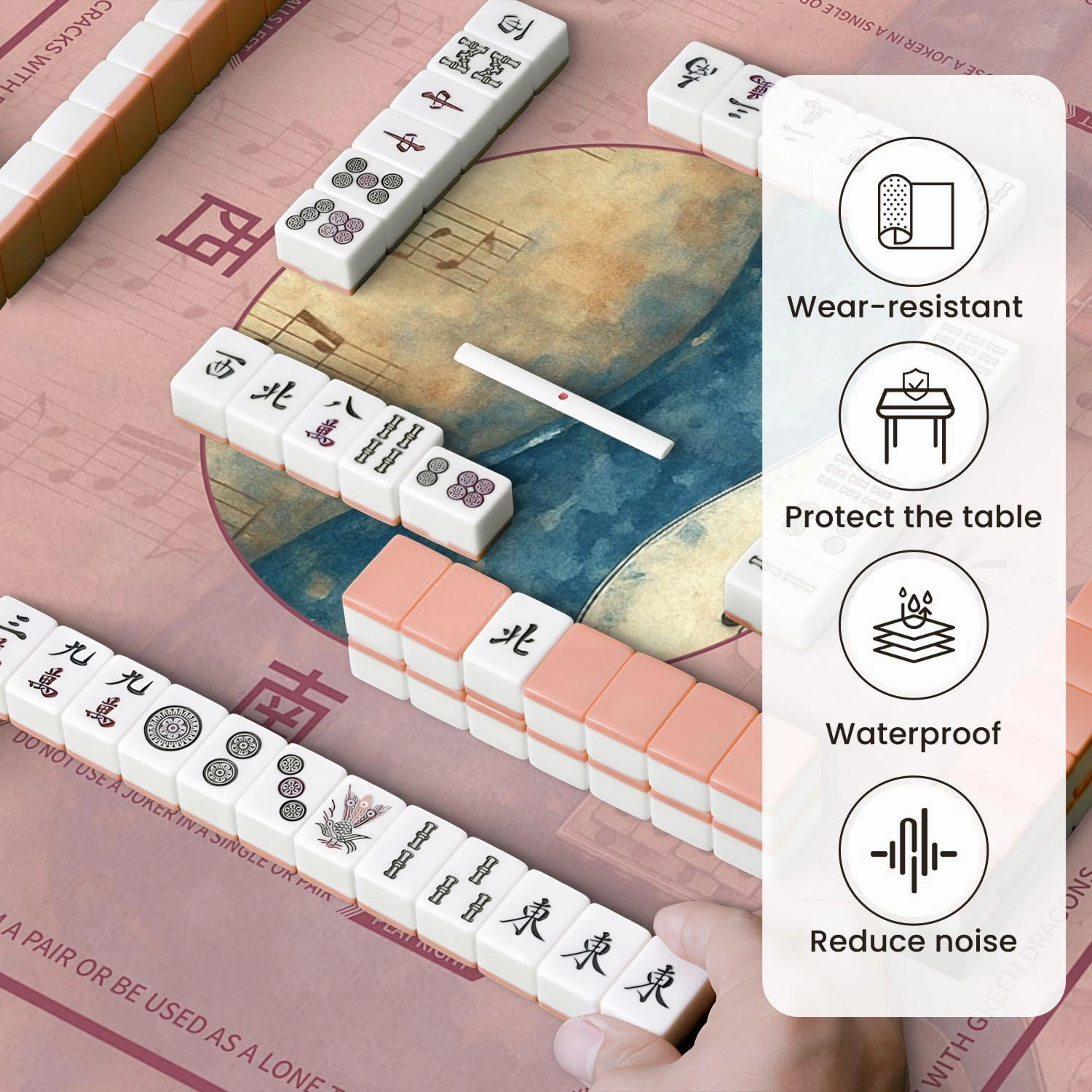 Mahjong Mat for Table Modern Blue Guitar Musical Themed Electric Sheet Music Grunge Texture 31.5" x 31.5" Non-Slip Noise-Reducing Game Mat Premium Mahjong Accessories for Poker Dominoes Board Games