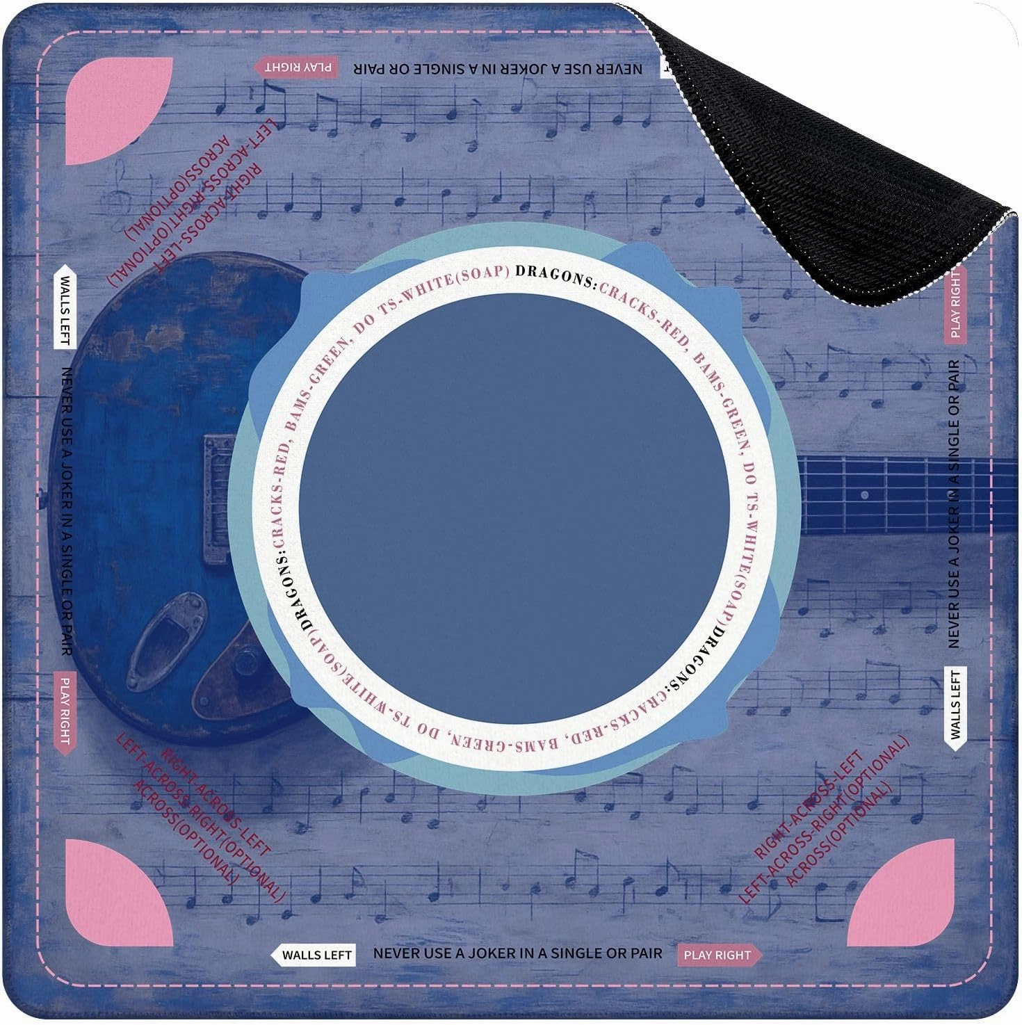 Mahjong Mat for Table Modern Blue Guitar Musical Themed Electric Sheet Music Wooden Texture 31.5" x 31.5" Non-Slip Noise-Reducing Game Mat Premium Mahjong Accessories for Poker Dominoes Board Games