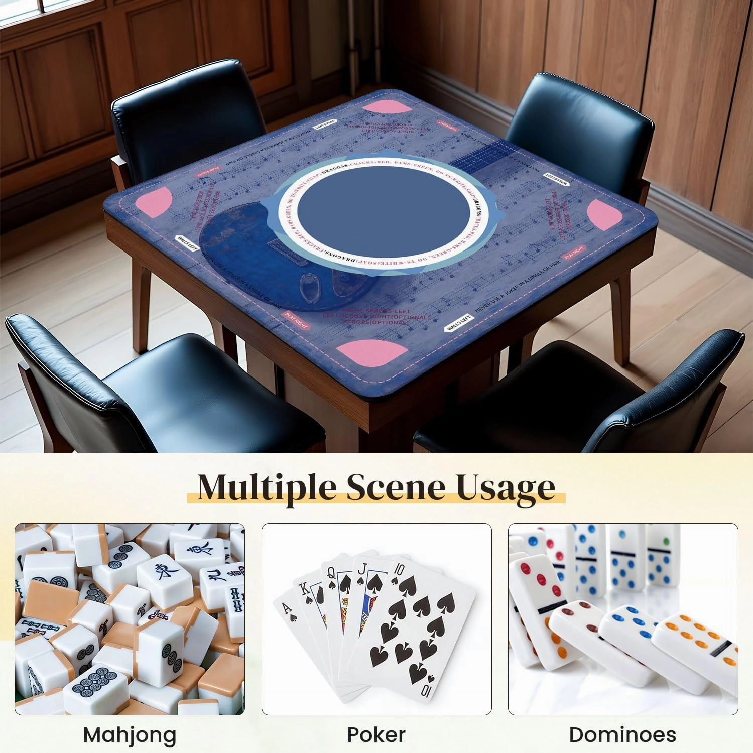 Mahjong Mat for Table Modern Blue Guitar Musical Themed Electric Sheet Music Wooden Texture 31.5" x 31.5" Non-Slip Noise-Reducing Game Mat Premium Mahjong Accessories for Poker Dominoes Board Games
