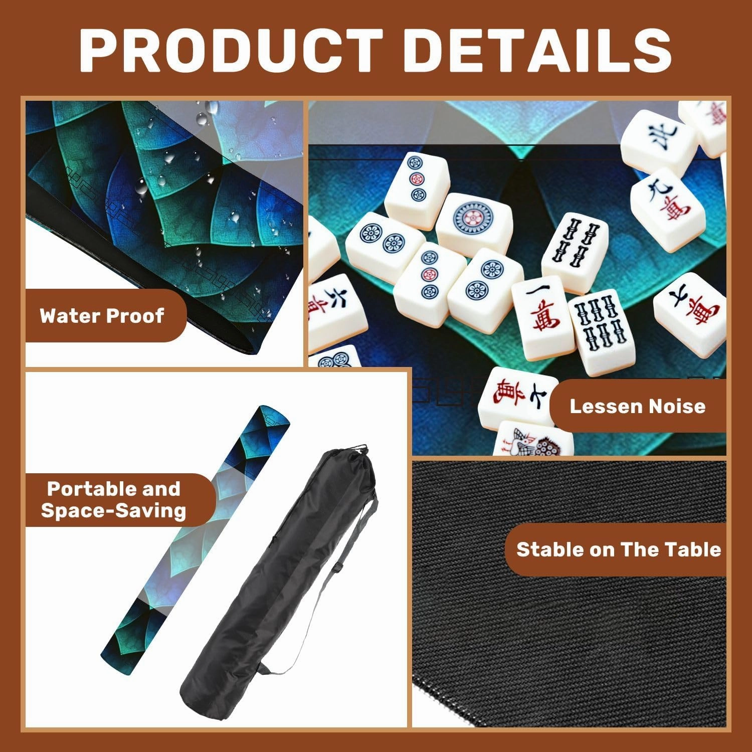 Mahjong Mat for Table Seamless Texture Skin 3D 31.5" x 31.5" Non-Slip Noise-Reducing Game Mat Premium Mahjong Accessories for Poker Dominoes Board Games