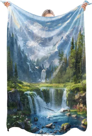 Majestic Mountain Waterfall Forest Flannel Blanket Peaceful Alpine Nature River Snow Peak Throw Blankets Lightweight Soft for Party Chair Bed Sofa Camping Travel,Home Decor,Gifts 60x80in