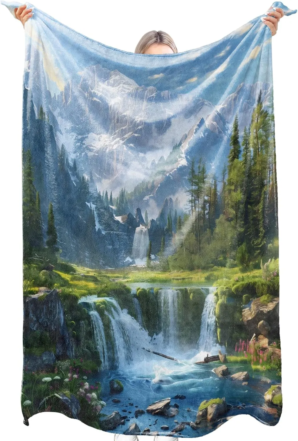 Majestic Mountain Waterfall Forest Flannel Blanket Peaceful Alpine Nature River Snow Peak Throw Blankets Lightweight Soft for Party Chair Bed Sofa Camping Travel,Home Decor,Gifts 60x80in