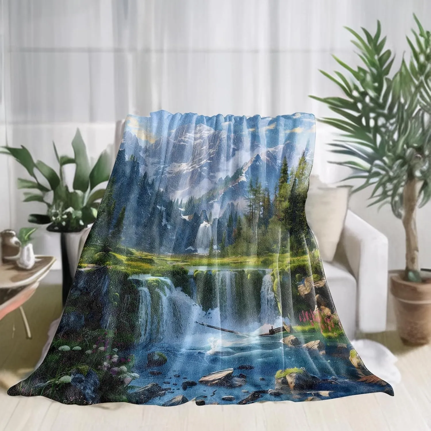 Majestic Mountain Waterfall Forest Flannel Blanket Peaceful Alpine Nature River Snow Peak Throw Blankets Lightweight Soft for Party Chair Bed Sofa Camping Travel,Home Decor,Gifts 60x80in
