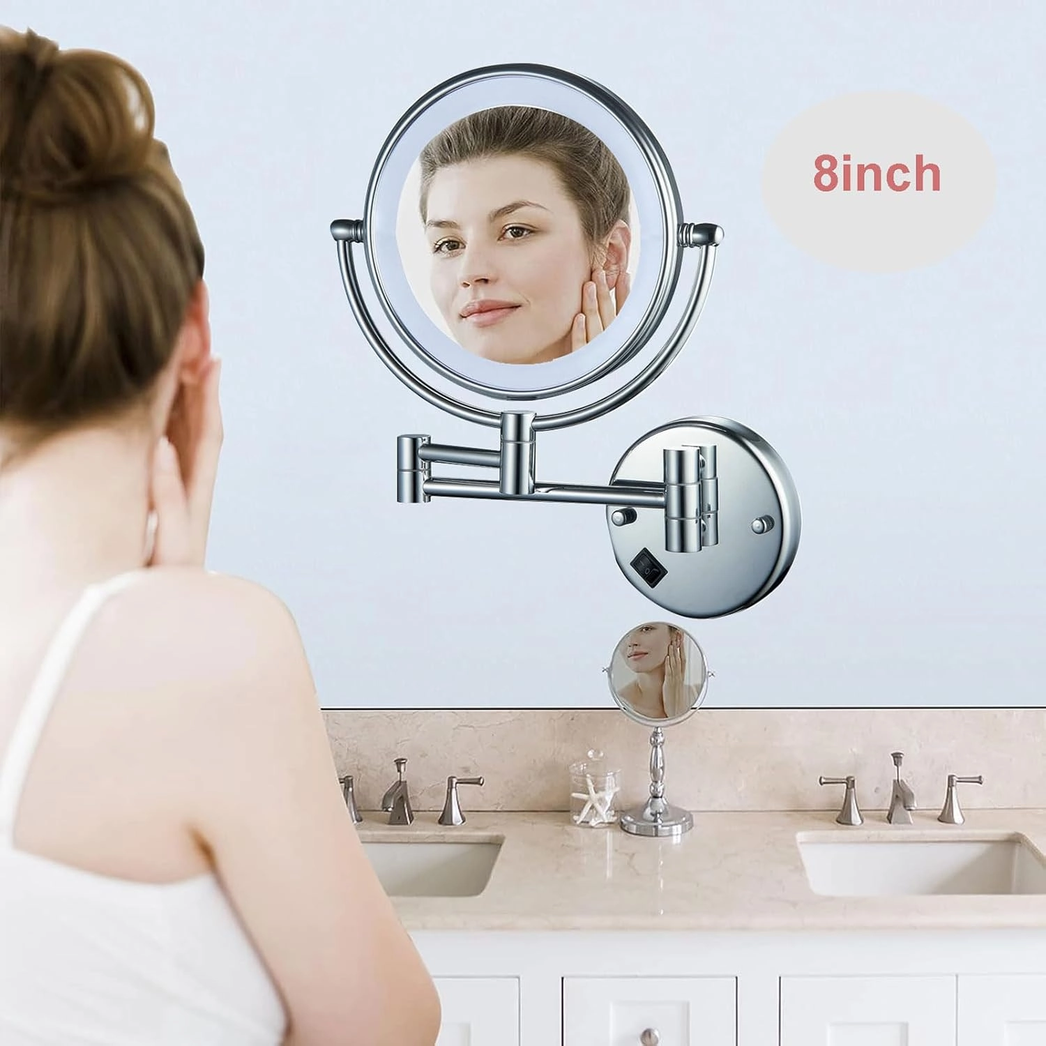Makeup Mirror with Lights and Magnification Wall Mounted, Makeup Vanity Mirror with Led Lights, Cosmetic Mirror Extend and Fold, Bathroom Shaving Mirror