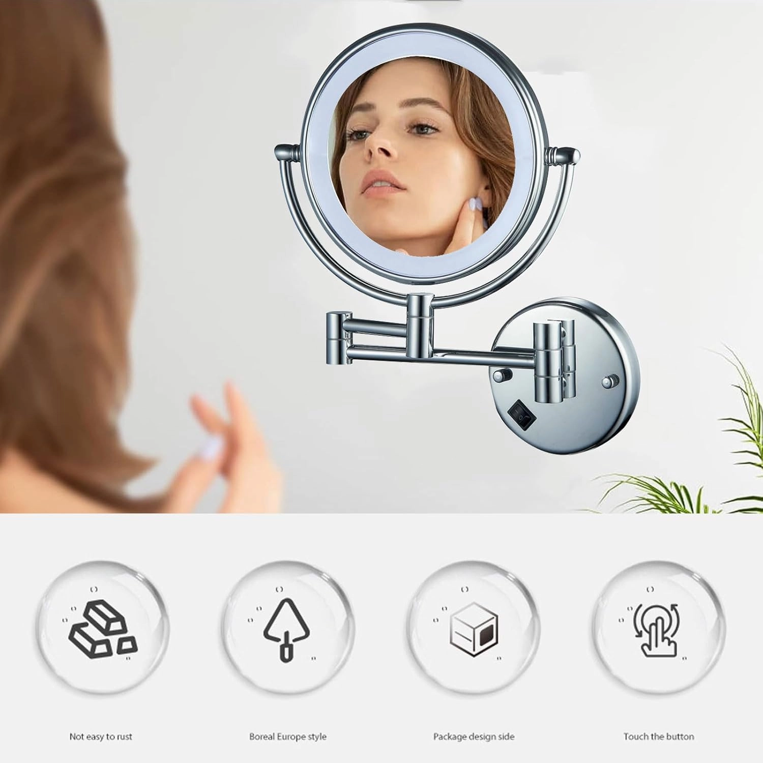 Makeup Mirror with Lights and Magnification Wall Mounted, Makeup Vanity Mirror with Led Lights, Cosmetic Mirror Extend and Fold, Bathroom Shaving Mirror