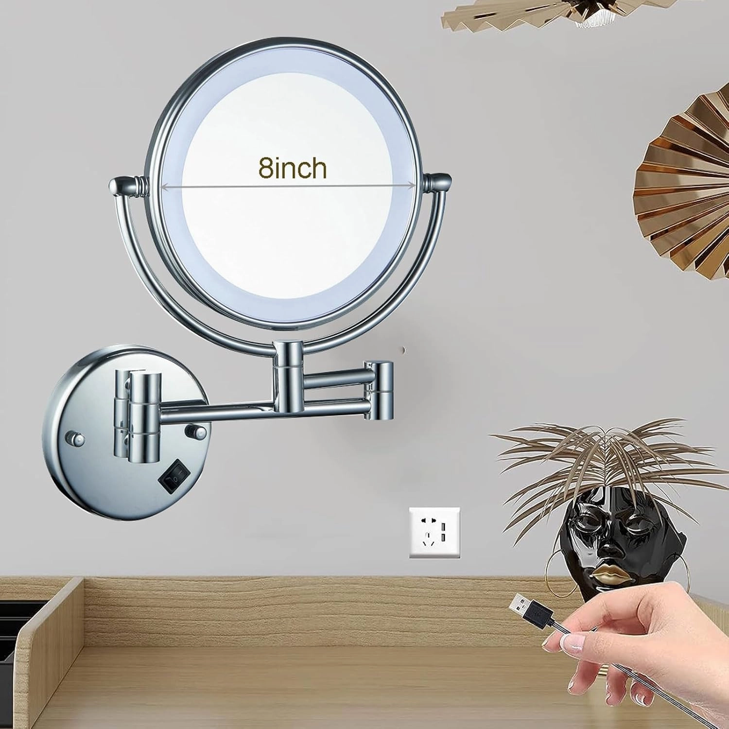 Makeup Mirror with Lights and Magnification Wall Mounted, Makeup Vanity Mirror with Led Lights, Cosmetic Mirror Extend and Fold, Bathroom Shaving Mirror