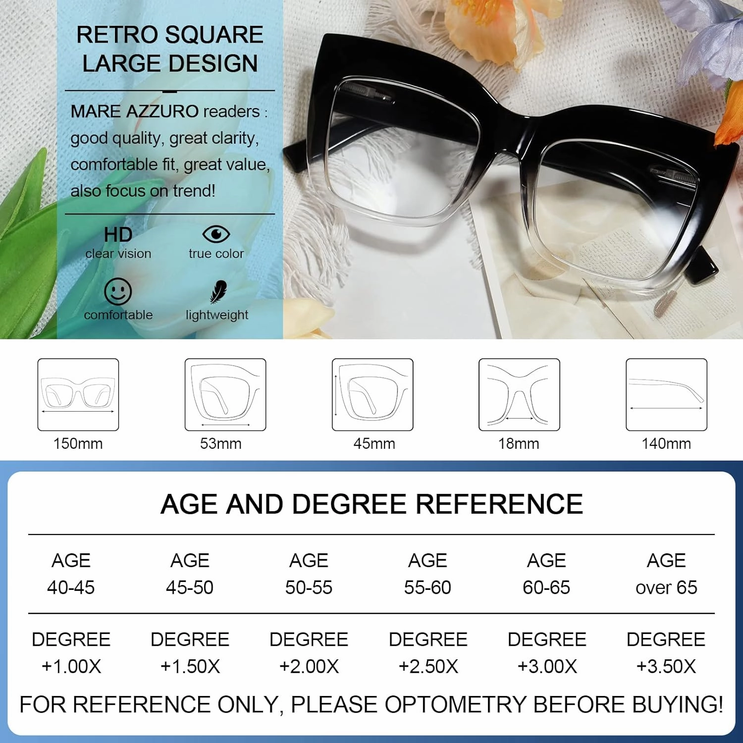 MARE AZZURO Oversized Reading Glasses Women Large Square Readers 1.0 1.25 1.5 1.75 2.0 2.25 2.5 2.75 3.0 3.5 4.0 5.0 6.0