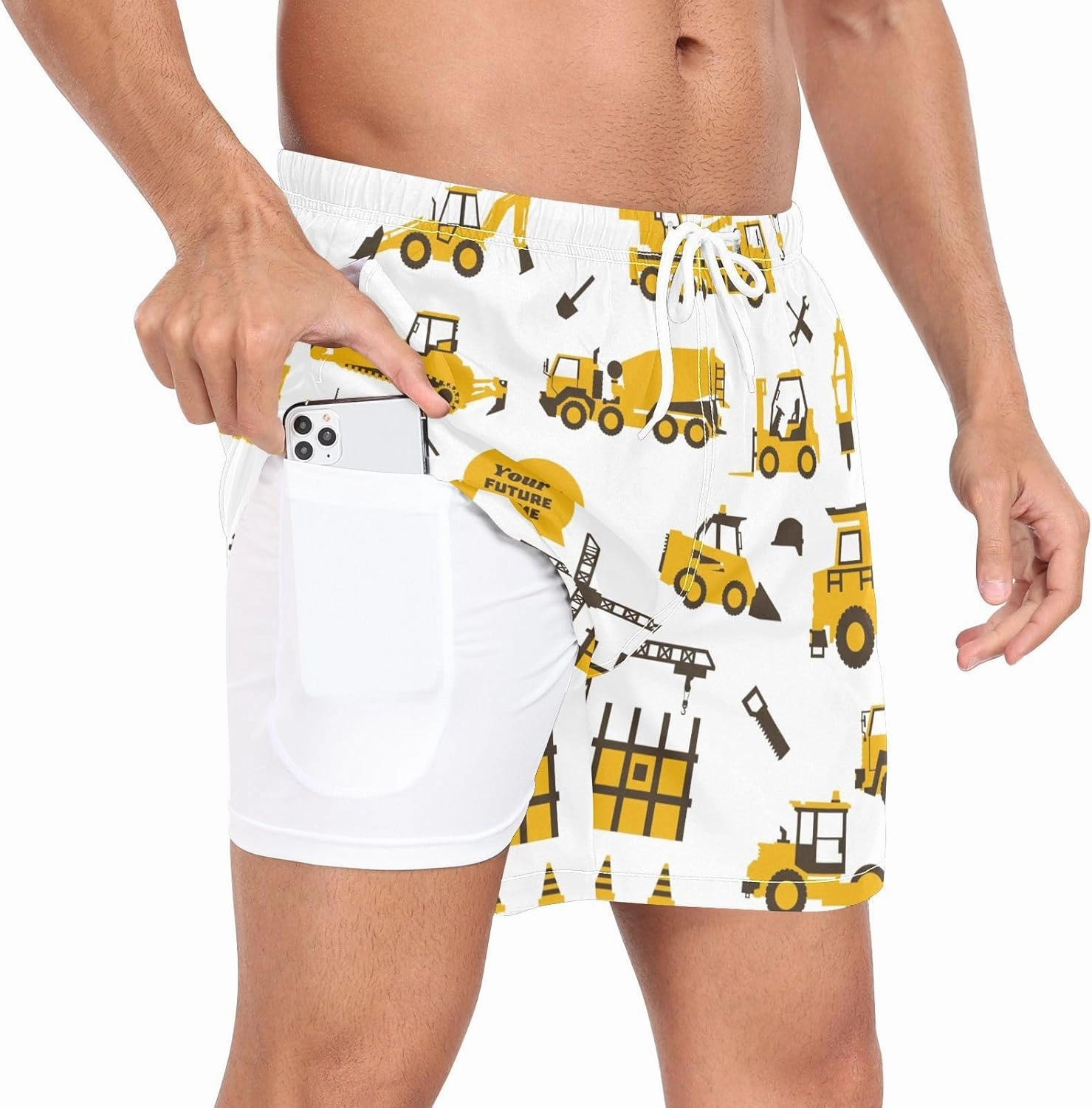 Men's Athletic Shorts Yellow Truck Car Transport 2 in 1 Quick Dry Workout Gym Running Shorts for Men S-XXL