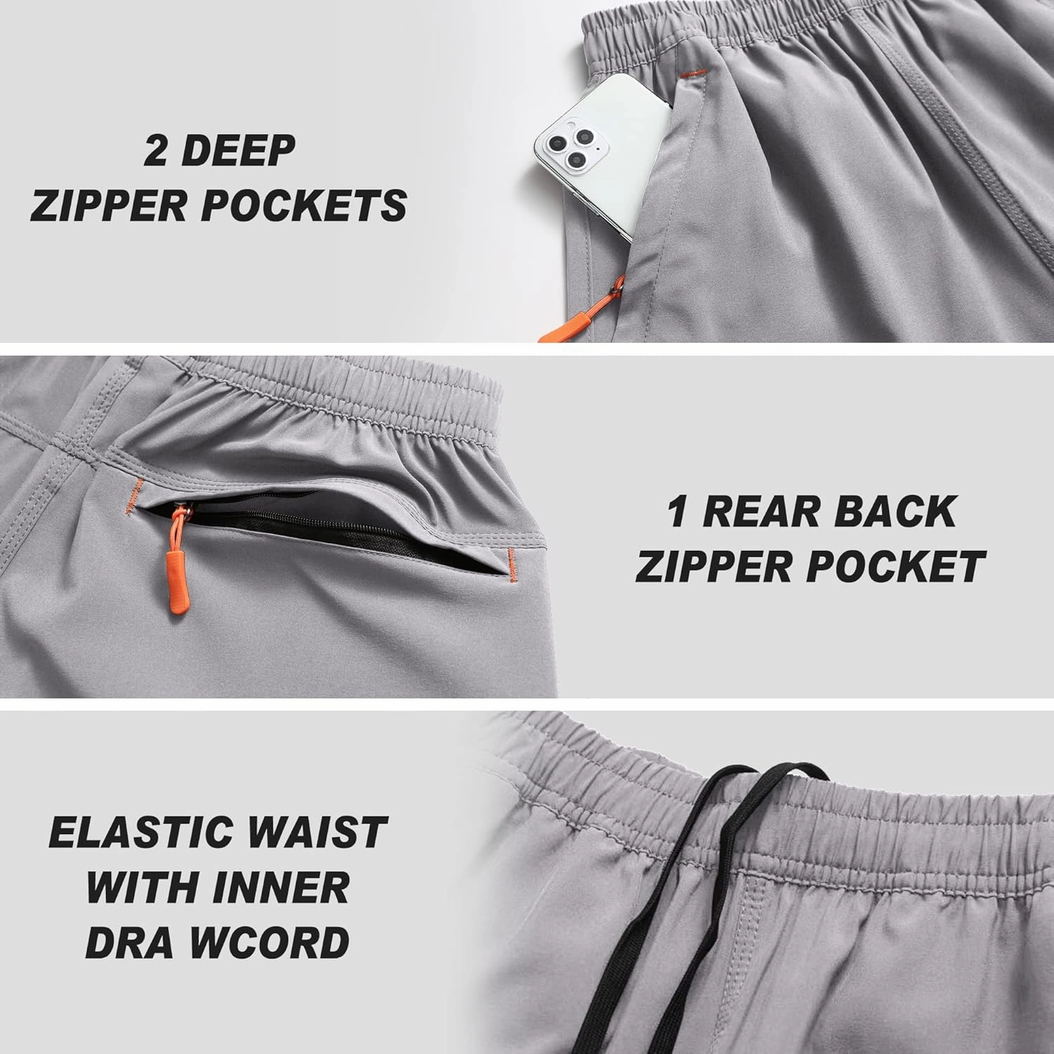 Men's Gym Shorts Sports Quick Dry Workout Running or Casual Training Short with Zipper Pockets