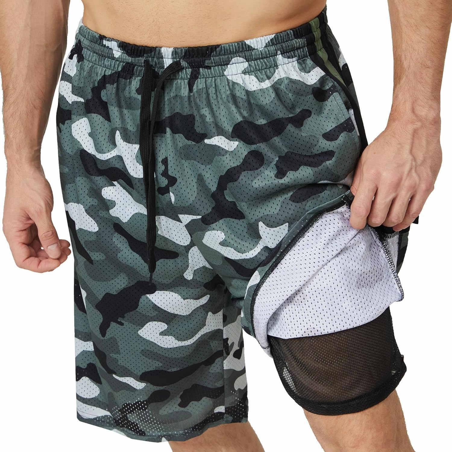 Men's Long Athletic Shorts with Pockets, Quick-Dry Mesh, 9"-13" Inseam Over-Knee Length, Drawstring Waist