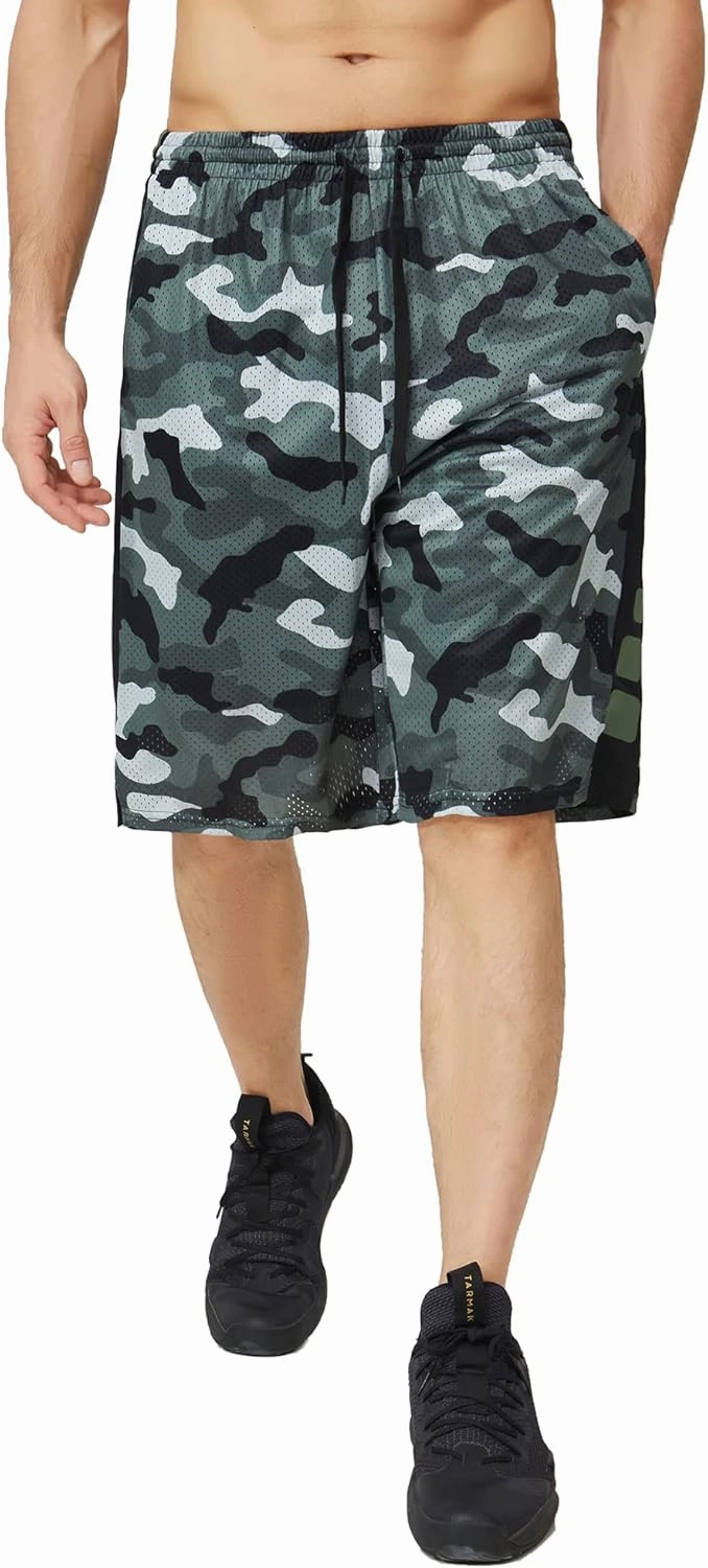 Men's Long Athletic Shorts with Pockets, Quick-Dry Mesh, 9"-13" Inseam Over-Knee Length, Drawstring Waist