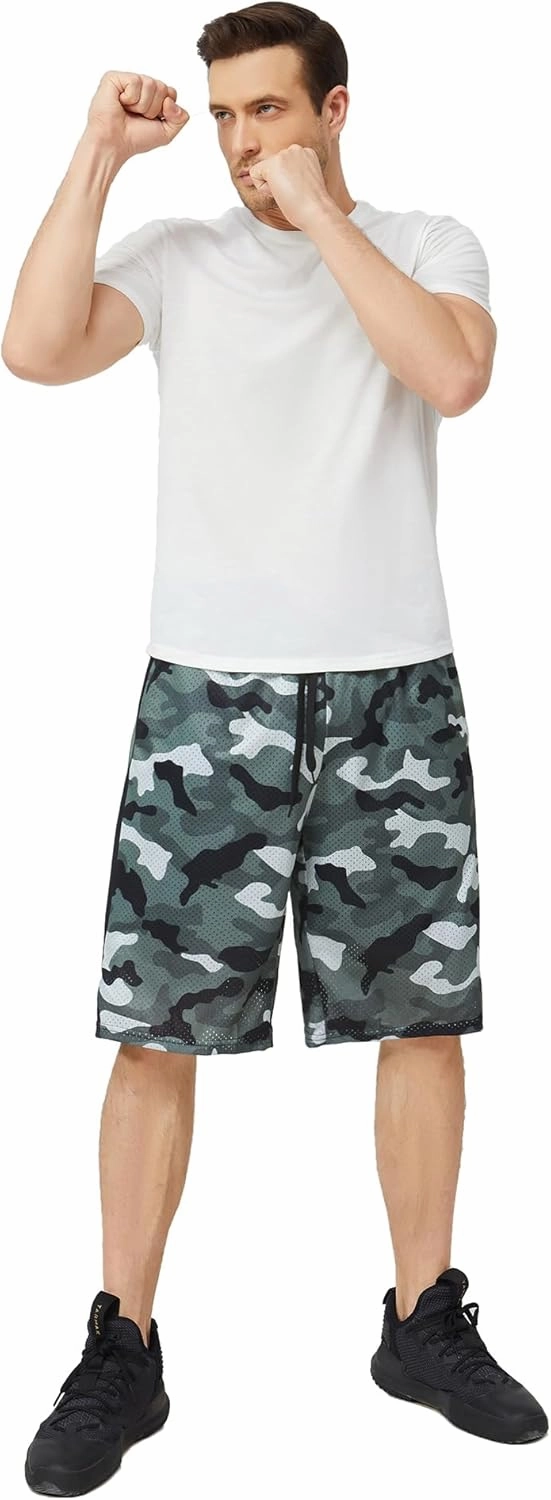 Men's Long Athletic Shorts with Pockets, Quick-Dry Mesh, 9"-13" Inseam Over-Knee Length, Drawstring Waist