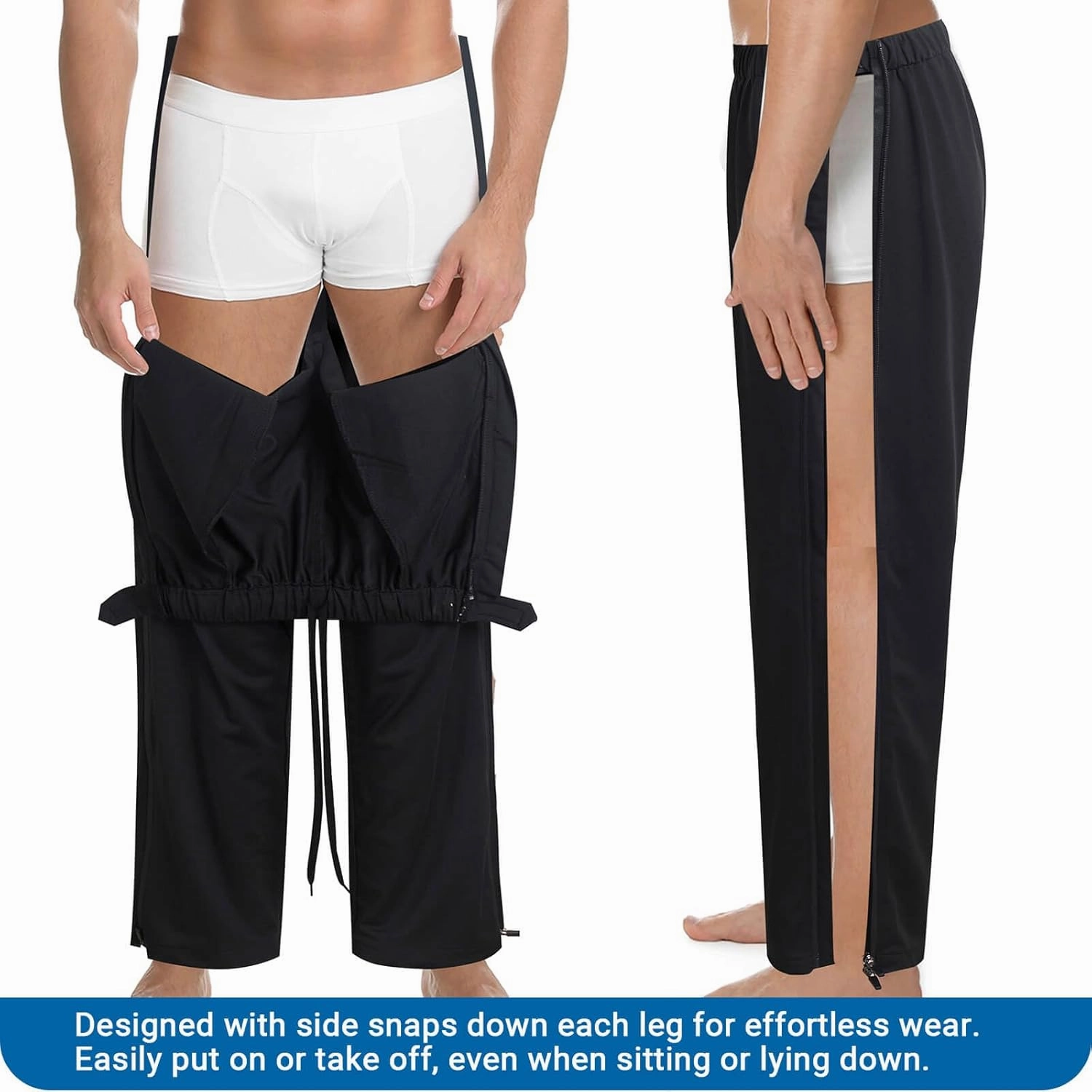 Men's Tear Away Basketball Pants, Post Surgery Sweatpants, High Split Snap Button Zip Off Wide Leg Trouser with Pockets
