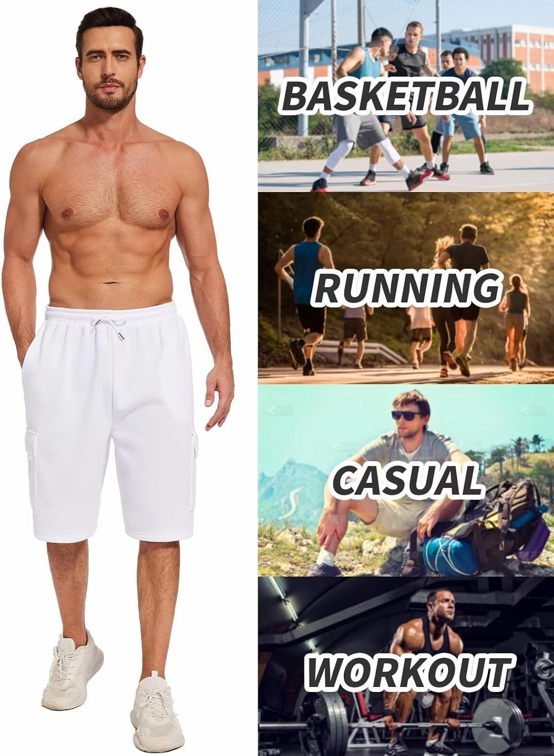 Mens Sweat Shorts with Cargo Pockets Athletic Fleece Short Pants Summer Outerwear