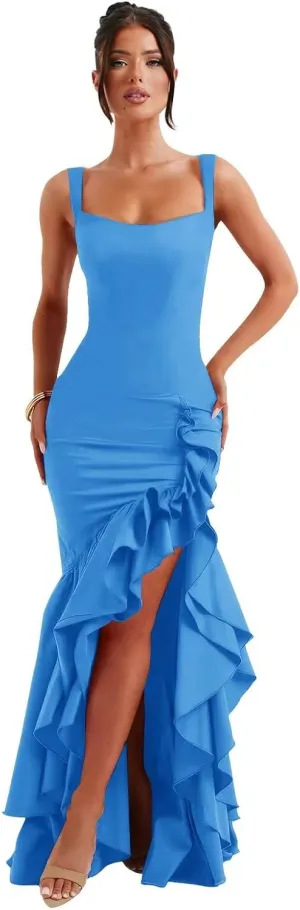 Mermaid Ruffle Satin Prom Dresses for Women Long Corset Sleeveless Flowy Formal Evening Gown with Slit